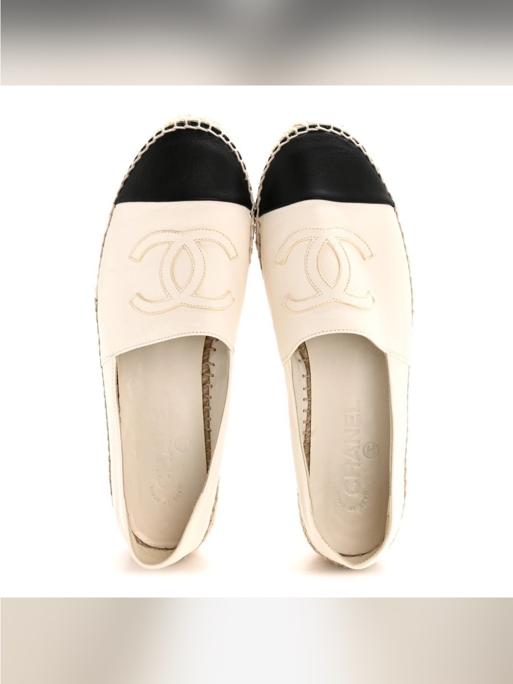 CHANEL Cream Leather Espadrilles with Black Cap Toe and CC Logo